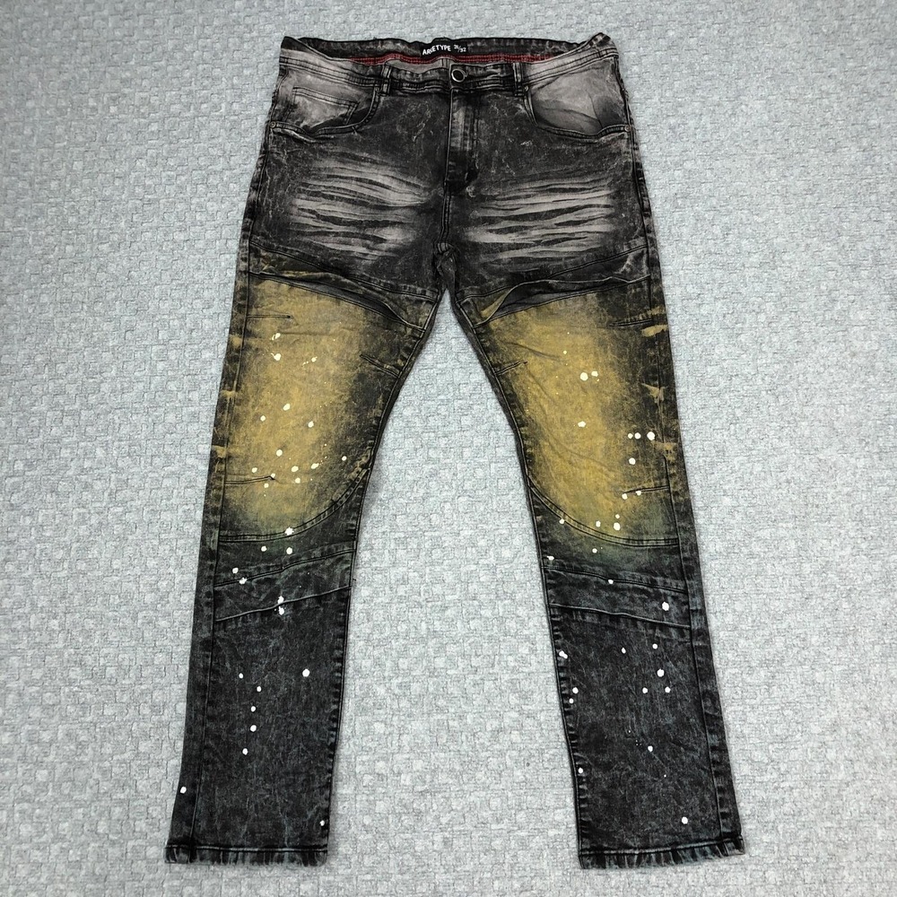 ARKETYPE Jeans Mens 38x32 Black Charcoal Slim Taper Denim Distressed Paint Rip